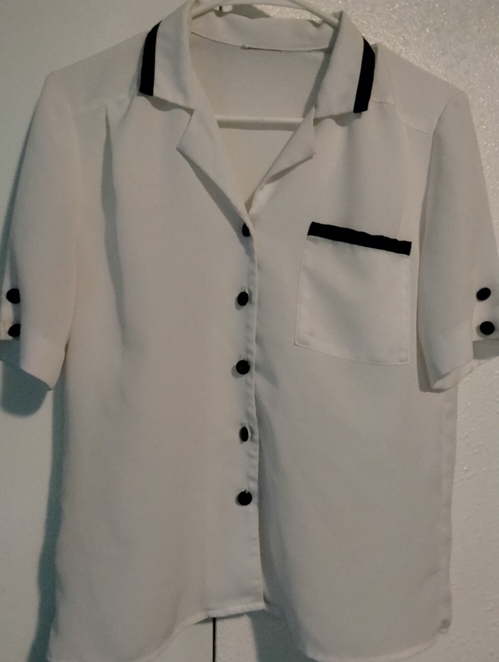 Vintage!! Contrast Trim Camp Collar Blouse White Black S/M